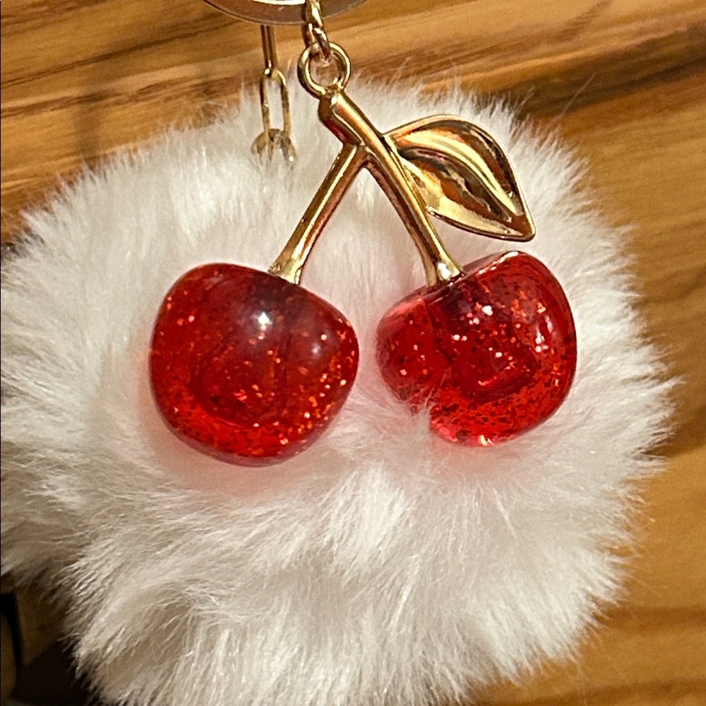 Cute Red Cherry Pom Keychain Bag Charm - Picture 2 of 7
